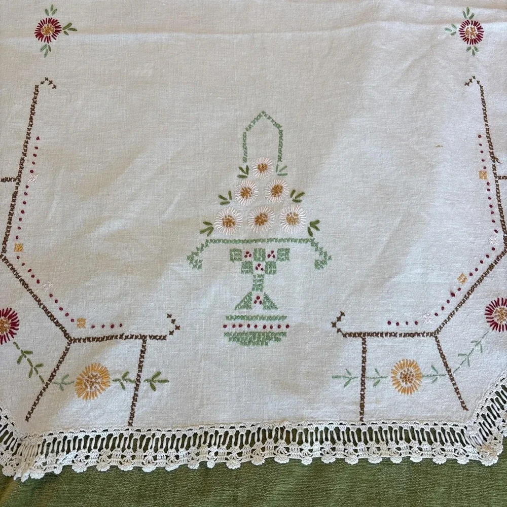 VTG Gorgeous Handmade Cross Stitch Table Cover / Dresser Cover Lace Edge 36.5x27